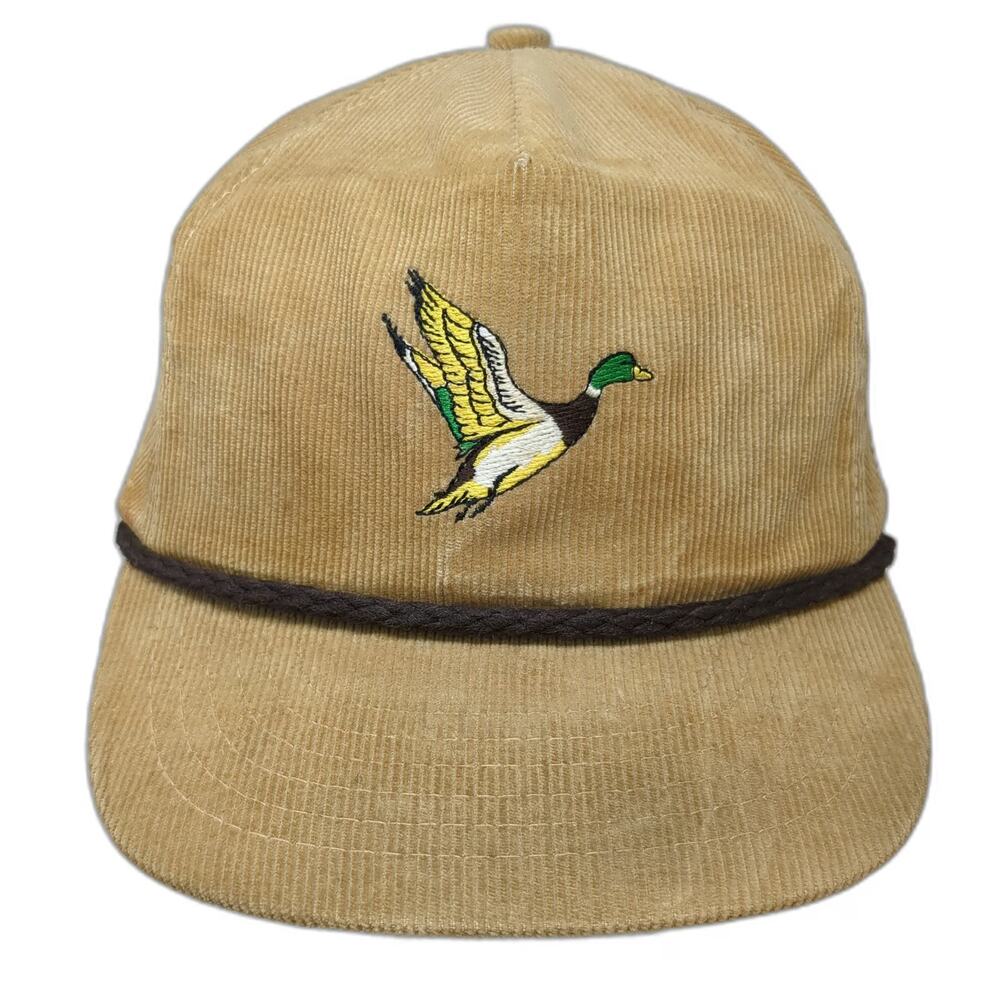 Trucker Hat Beige One Size Corduroy Mallard Duck Braided Rope Hunting Bird Hat